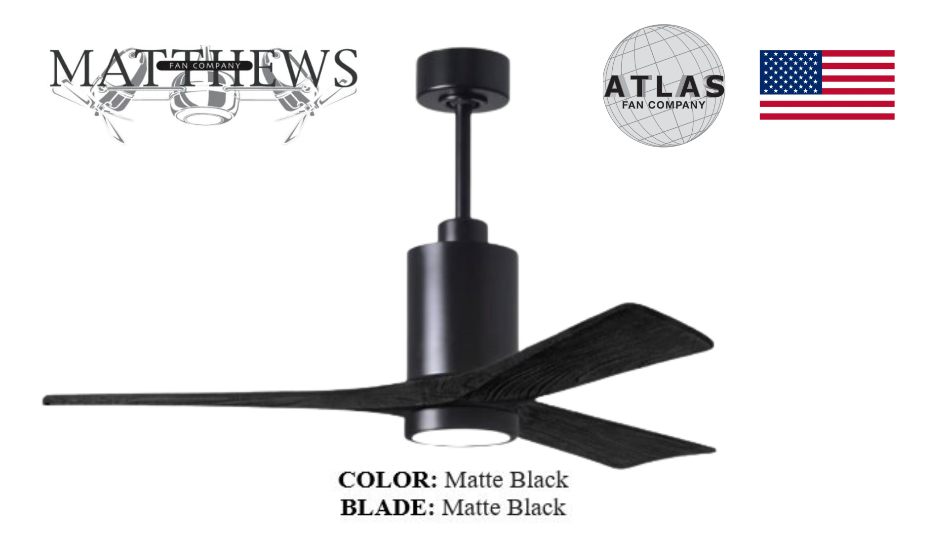 A matte black ceiling fan with blades and an LED light, branded by Matthews Atlas.