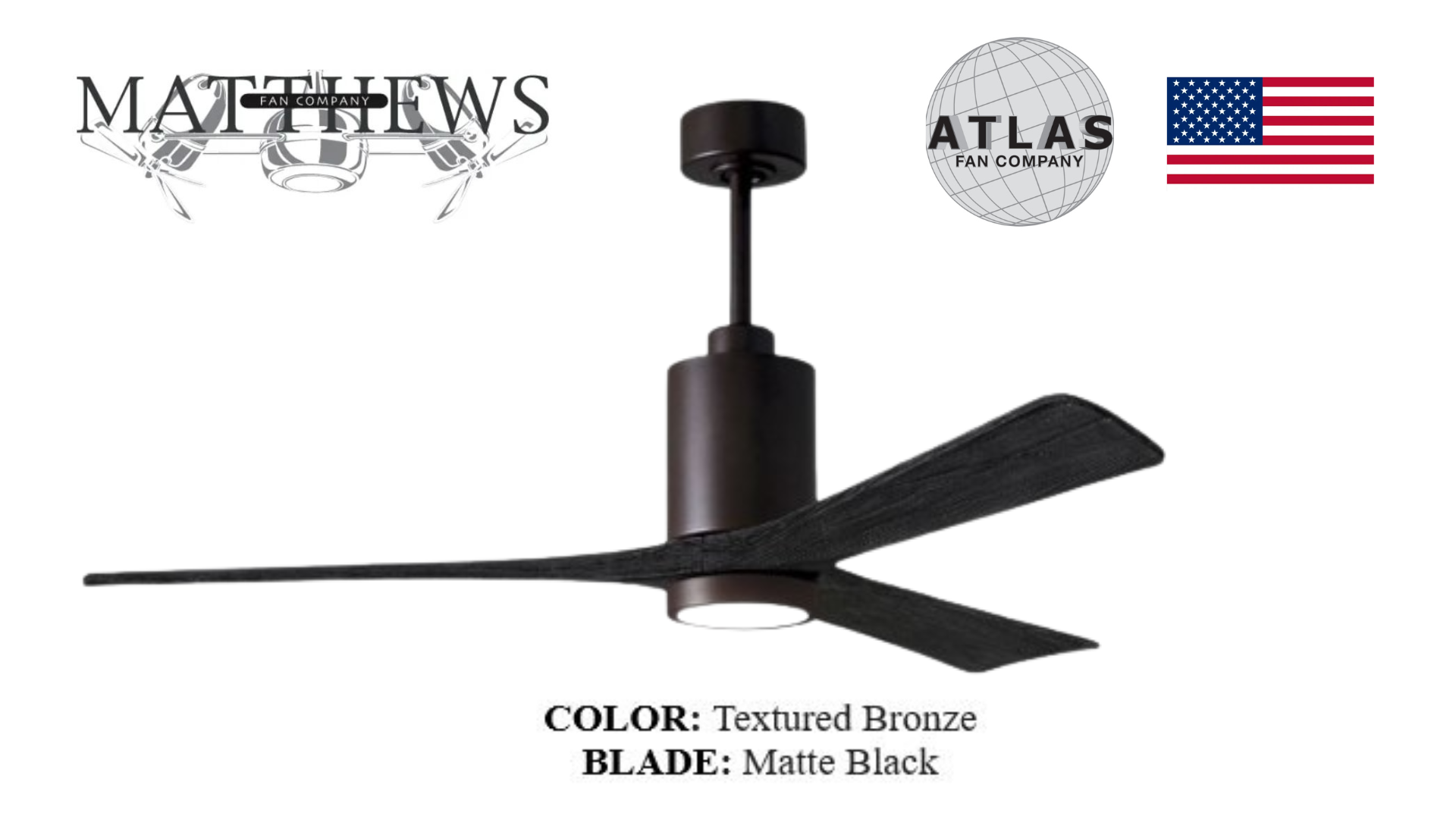 A textured bronze ceiling fan with matte black blades, featuring a central light fixture, from the brands MATTHEWS and ATLAS.