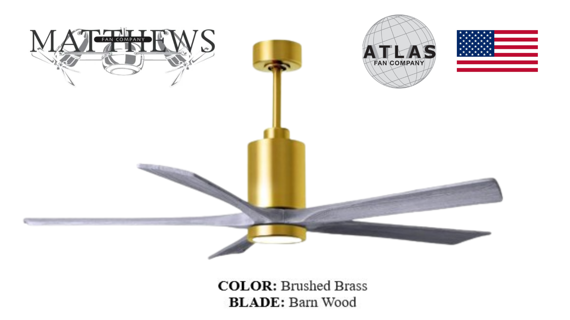 A PATRICIA-5 brushed brass ceiling fan with blades, displayed with logos and text indicating the fan's features such as color and blade material.