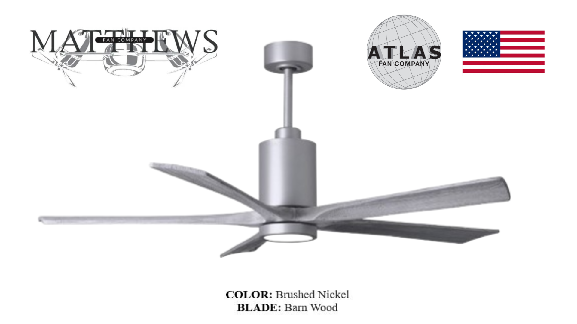 A PATRICIA-5 brushed nickel ac dc inverter ceiling fan with blades in a different tone, displayed with the brand logo and the American flag indicating the brand's nationality.