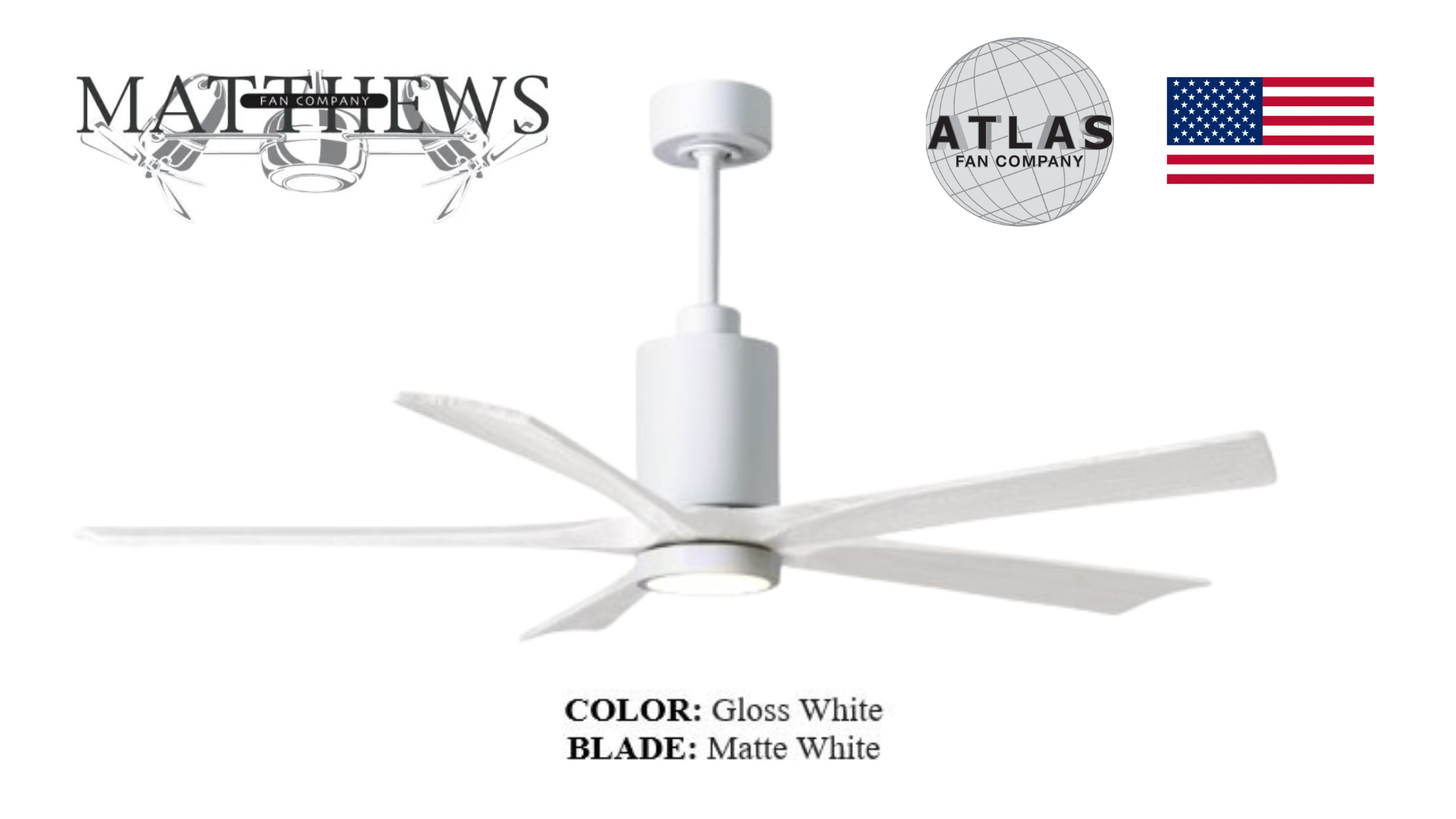 A gloss white AC DC ceiling fan with matte white blades, branded by Matthews Atlas, suitable for commercial or residential spaces.