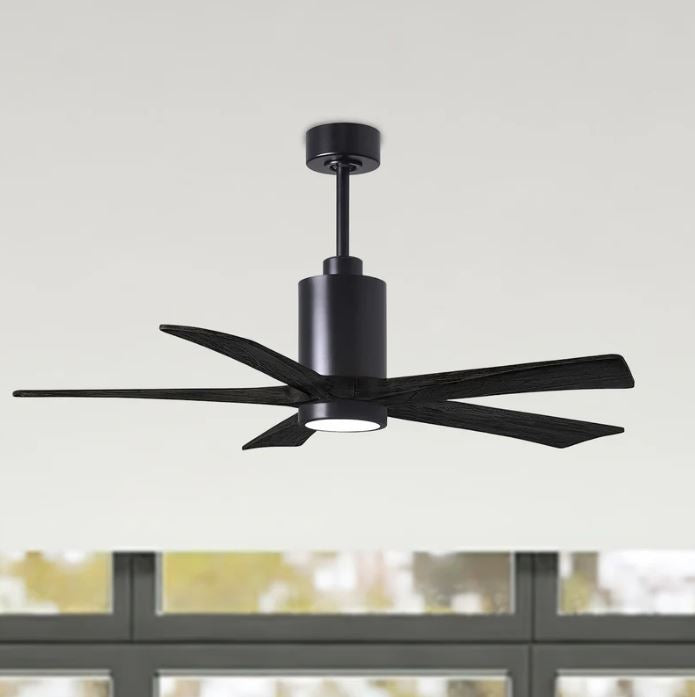 Matthews PATRICIA‑5 matte black ceiling fan Pakistan, five-blade DC motor ceiling fan in matte black, energy-efficient Patricia-5 fan with wood blades, quiet reversible DC ceiling fan matte black finish, modern matte black Patricia‑5 ceiling fan Pakistan,