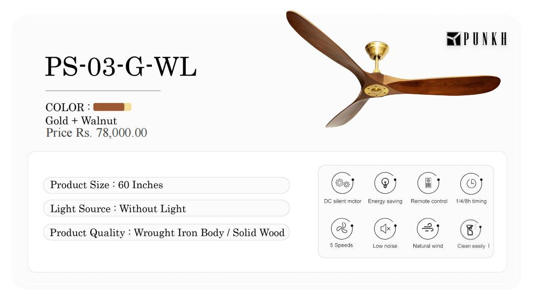 Punkh ceiling fan with specifications on a white background, Punkh PS 03 wooden heritage ceiling fan Pakistan, vintage-style Punkh PS 03 fan rustic décor, silent manual Punkh ceiling fan wooden blades, traditional punkh PS 03 ceiling fan Pakistan, heritage décor ceiling fan Punkh PS 03,