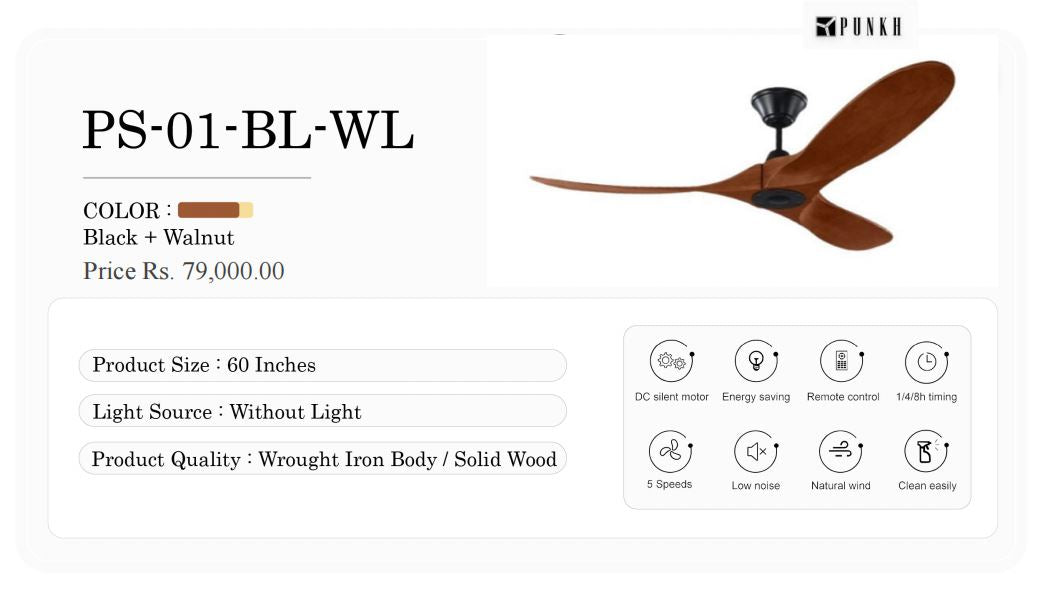 Punkh PS-01-BL-WL product image showing black and walnut ceiling fan specifications and price.
