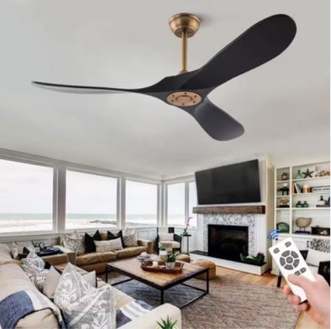 Punkh PS-01-BL-WL black and walnut ceiling fan in a modern living room with remote control.