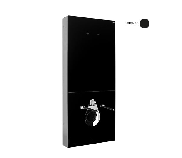 Black sanitary module for wall-hung toilets with visible water connection and flush control, against a white background.
