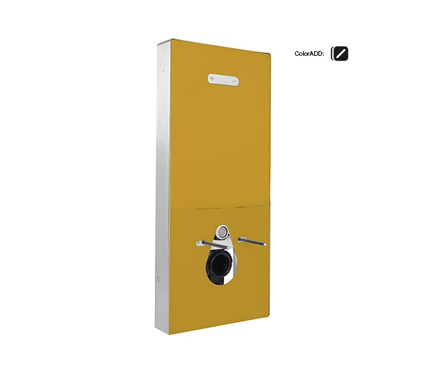 A gold-colored sanitary module with a wall-hung toilet and a metallic flush handle.