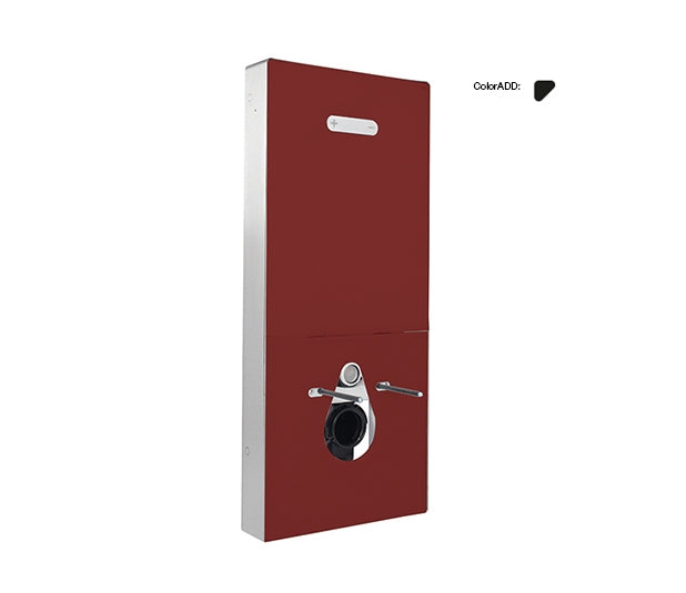 A red QR-INOX sanitary module, likely a concealed cistern for a wall-hung toilet, with metallic finishes.