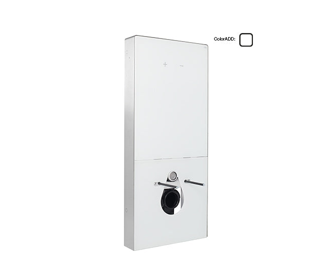 A white QR-INOX sanitary module for a bathroom, featuring a wall-hung toilet cistern with a flush control mechanism.