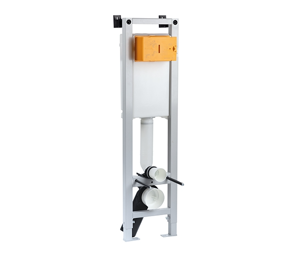 In-wall toilet cistern system with dual flush mechanism, compatible with mechanical and pneumatic flush plates, in white color.