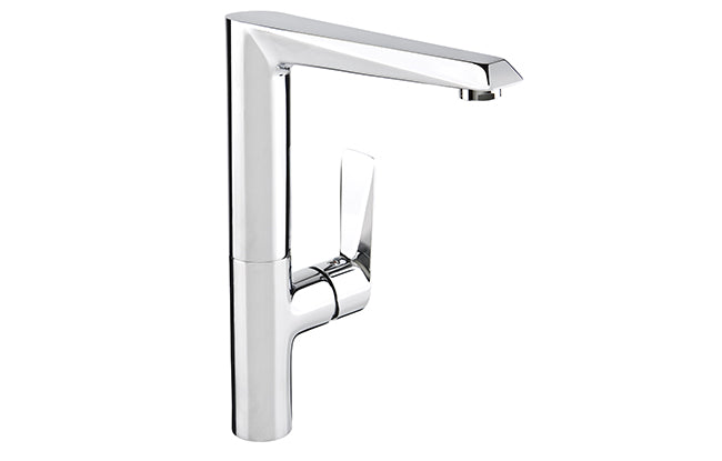 A silver-colored standing kitchen mixer with a side lever, with a clear glass bowl and a polished chrome finish.