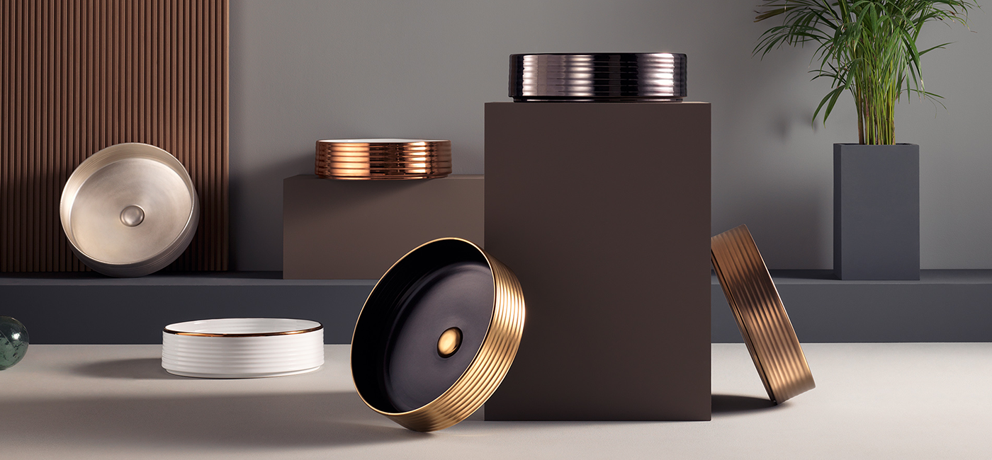 Terzofoco countertop washbasin in black matte exterior with gold interior