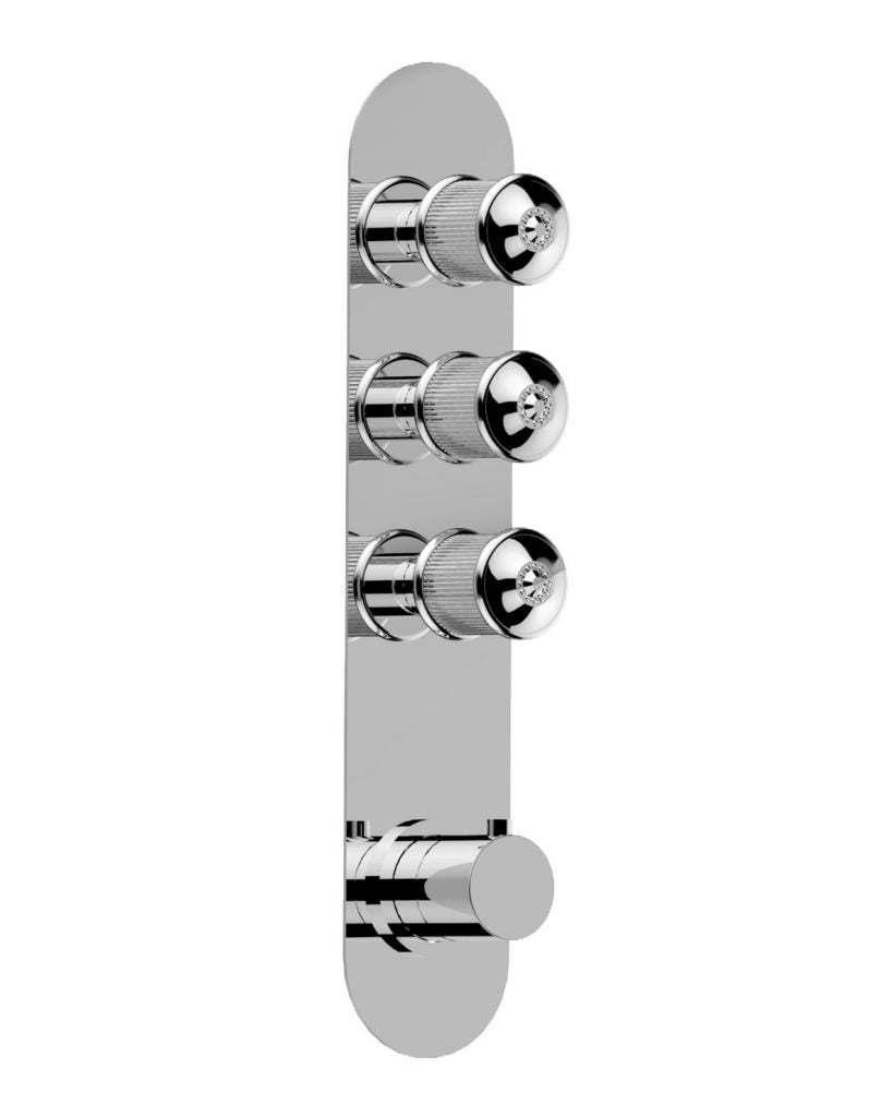 A single-plate, built-in thermostatic mixer with three open/close taps, finished in silver.