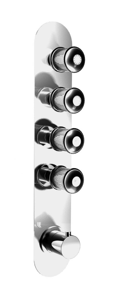 A silver-colored built-in thermostatic mixer with four open/close taps, positioned vertically and arranged in a row.