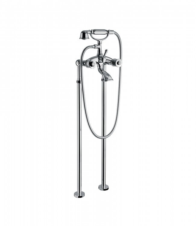 A floor mounted bath and shower mixer with a metallic finish, featuring a shower set and hand-held shower head.