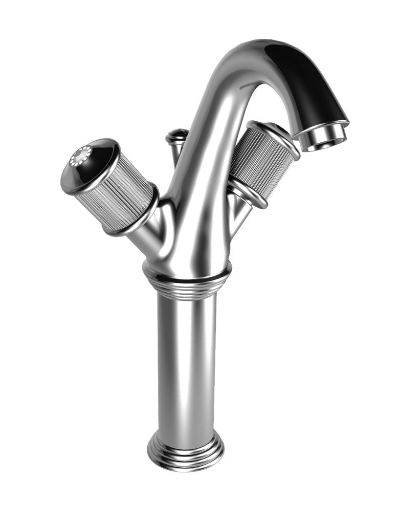 A silver-colored single hole basin mixer with a modern design, featuring a curved spout and additional tap attachments.