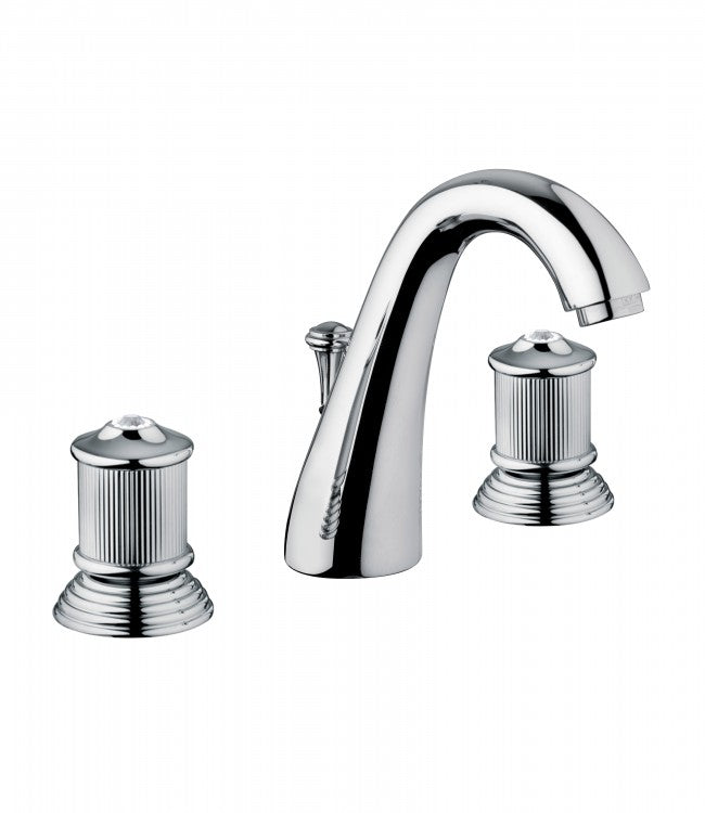 A silver three-hole basin mixer with a pop-up waste, showing a front view and a side view.