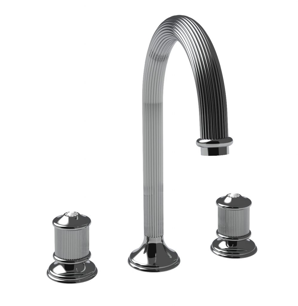 A chrome-finished basin mixer with a swirl pattern and a clic-clac waste system, including three metal drains.