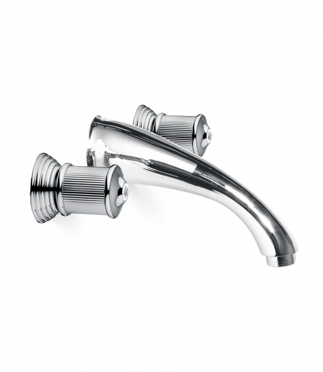 A wall-mounted basin mixer with a chrome finish and a 190-degree spout, featuring mosaic mixer faucets on the side.