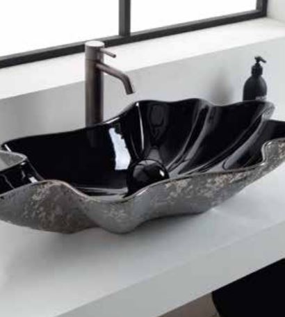 A black and platinum bathroom vanity cabinet with a modern design, featuring a sink and faucet.