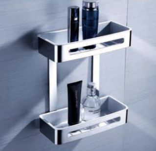 A double-tiered shower basket made of stainless steel, mounted on a wall, containing various bathroom products like bottles and tubes.