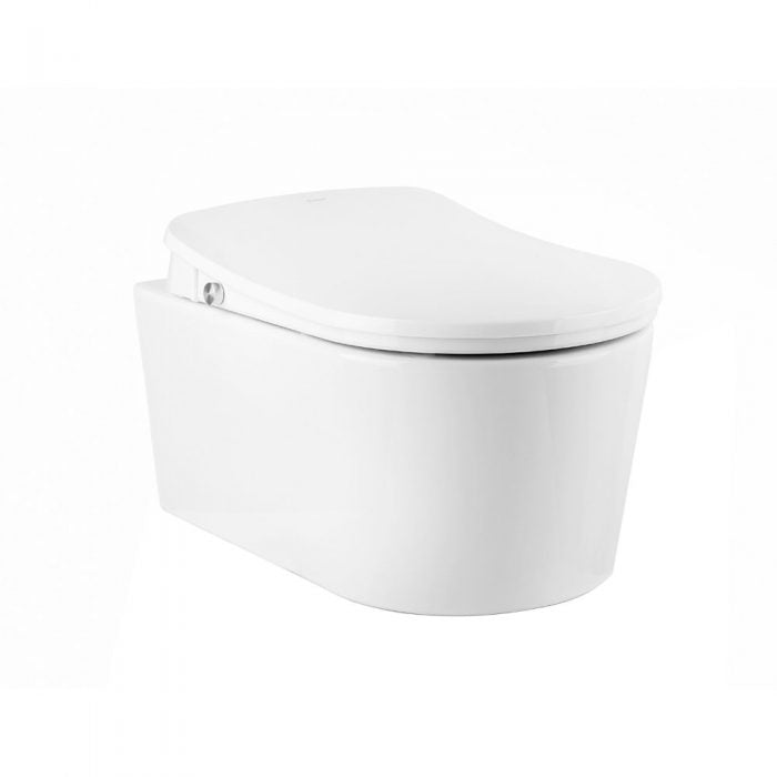A wall-hung white toilet with closed lid, modern design.
