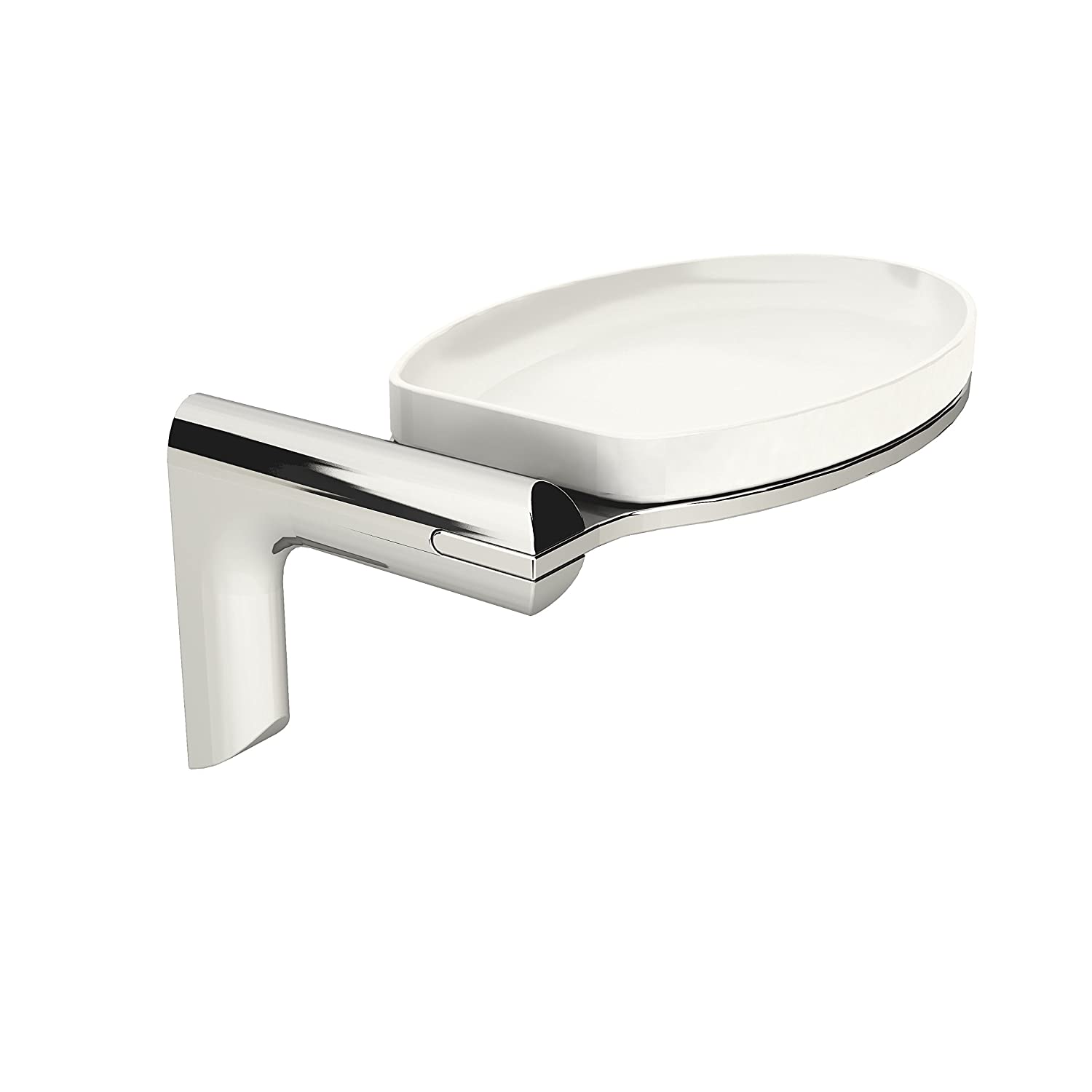 A wall-mounted soap holder with a white dish and silver metallic bracket.