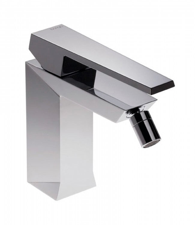 A shiny, silver-colored bidet basin mixer with a contemporary design, featuring a high arch and a black handle.