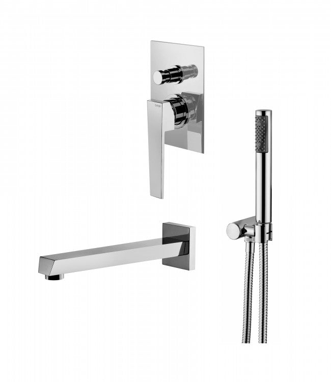 A set of bathroom fixtures including a shower mixer with spout and hand shower, and a bathtub with a shower hose.