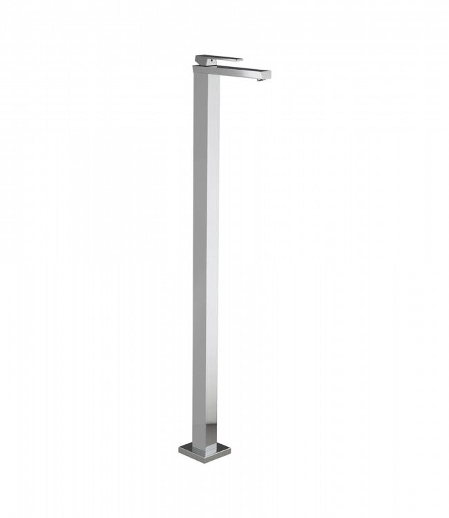 A floor-standing basin mixer with a metallic finish, consisting of a tall rectangular post with a flat base and a mixer unit on top.