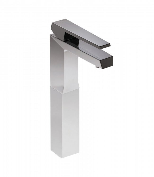 A tall, sleek, silver basin mixer with a squared design and a central drain.