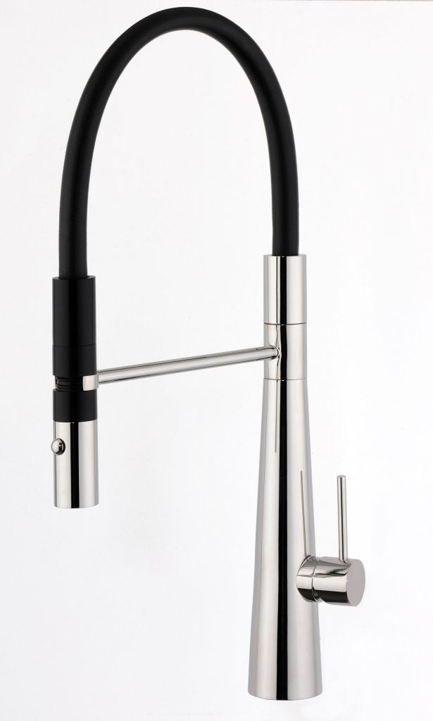 A silver kitchen mixer tap with a swivel spout and double jet feature.