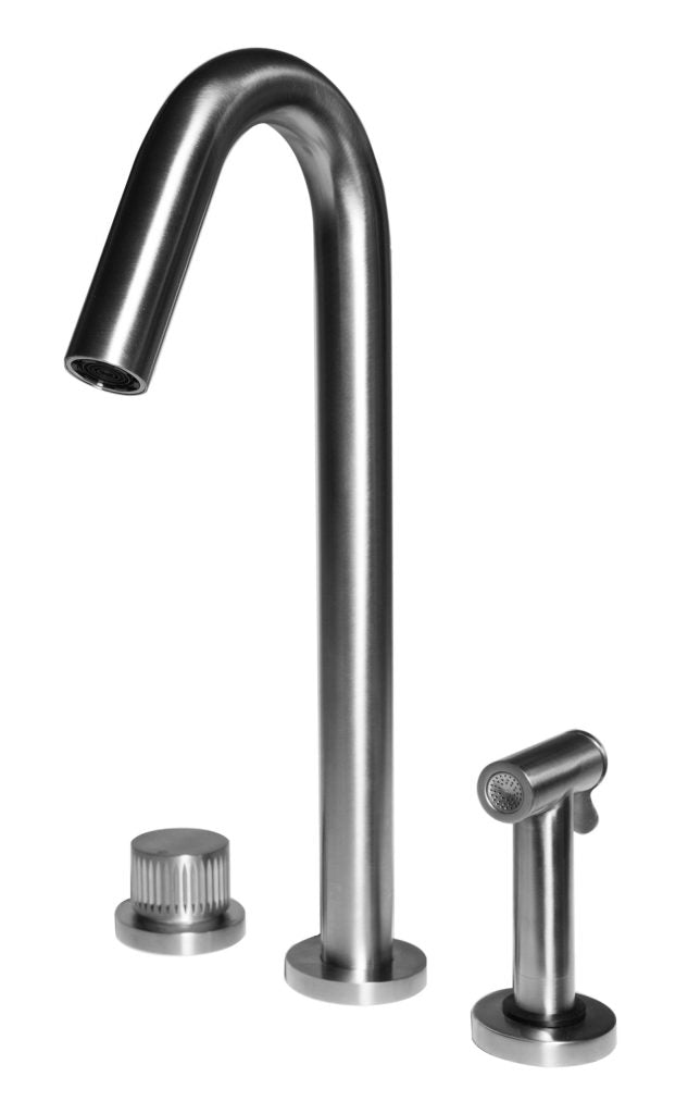 A silver kitchen mixer tap with a high arching spout and side sprayer.
