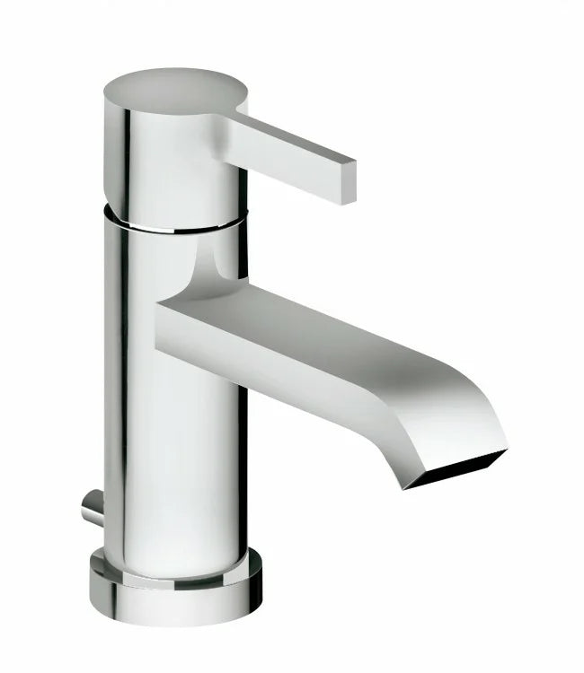 A silver-colored basin mixer with a pop-up waste, featuring a shiny chrome finish and a contemporary design.