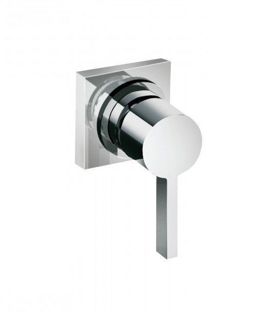 A silver built-in mixer for a bathtub or shower system, featuring a round dial on a square-shaped base.
