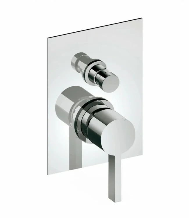 A built-in shower mixer with a chrome finish and round control knobs on a white background.