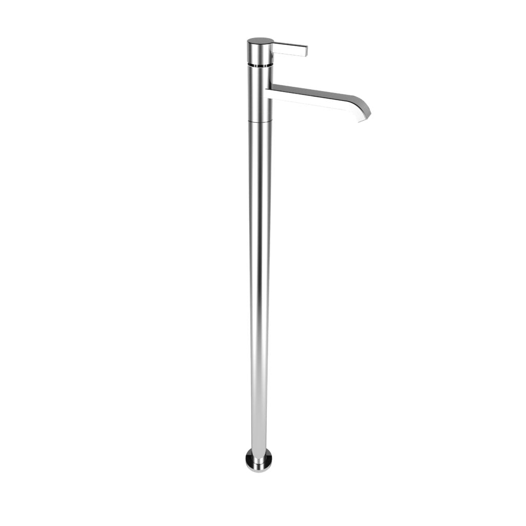 A tall, floor-standing stainless steel basin mixer with a single lever on the top for dispensing water.