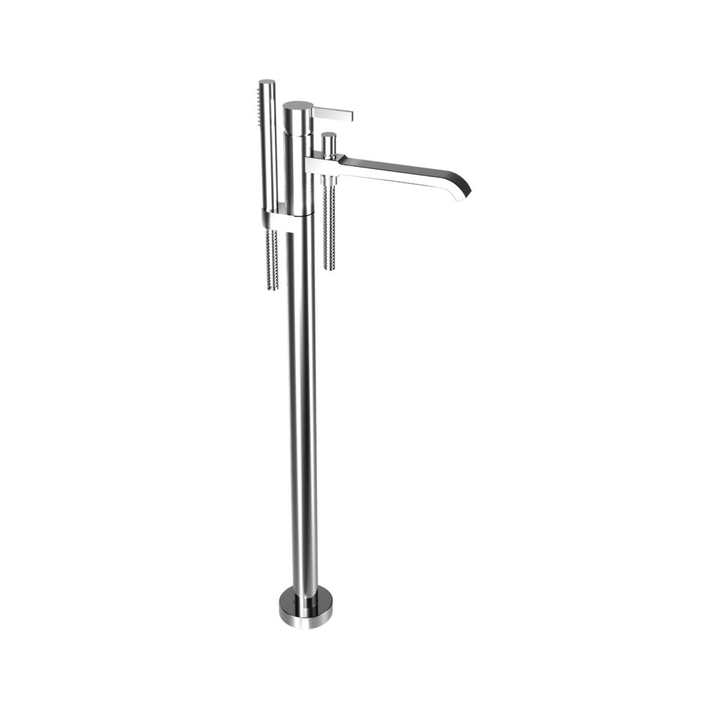 A floor-standing tub filler with a polished chrome finish, featuring a slim, elongated design with a single lever on top.