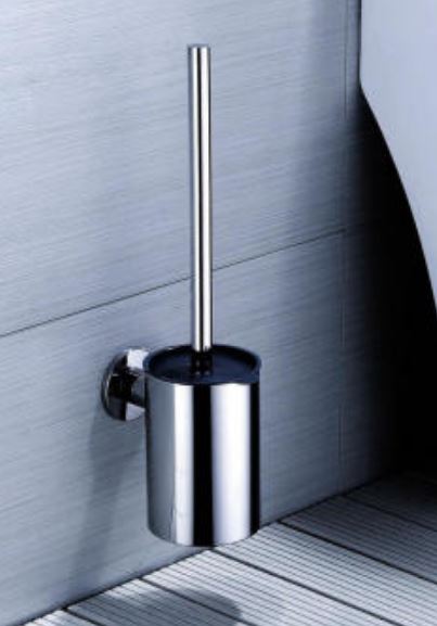 A stainless steel toilet brush holder in Pakistan with a long brush, mounted on a wall.