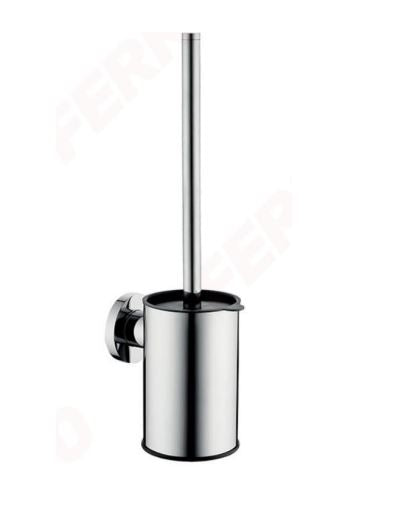 A stainless steel toilet brush with a holder mounted on the wall.