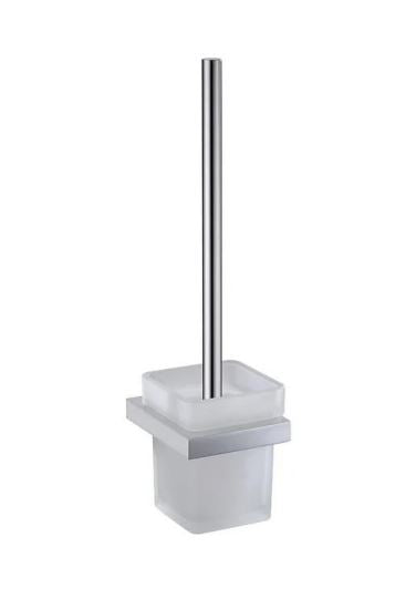 This image features a sleek, modern toilet brush with a stainless steel handle and a white ceramic holder. The design is minimalistic, emphasizing functionality and style, which makes it suitable for contemporary bathroom interiors.