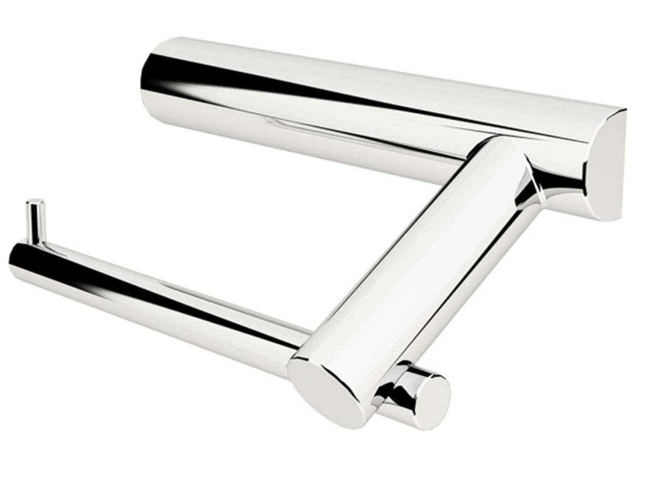 A silver towel bar with a modern design, featuring a sleek, curved appearance and mounted on a wall.