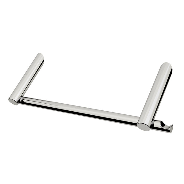A silver towel bar with a simple, modern towel bar design attached to a white wall.