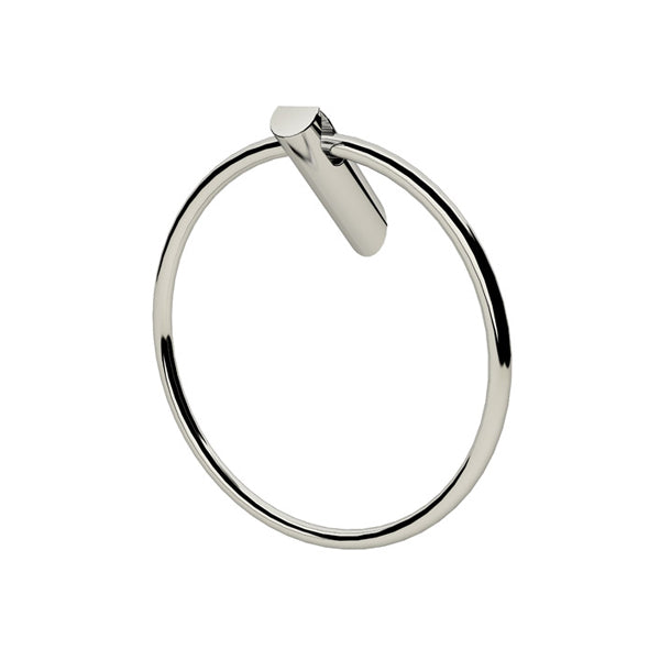 A silver modern towel ring with a simple, circular design and a small towel hanging on it.