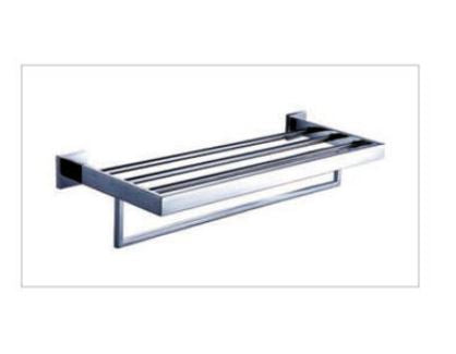 A stainless steel towel shelf with multiple horizontal bars, mounted on a wall.