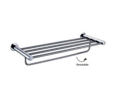 A silver metal towel shelf with rotatable side arms for hanging towels.