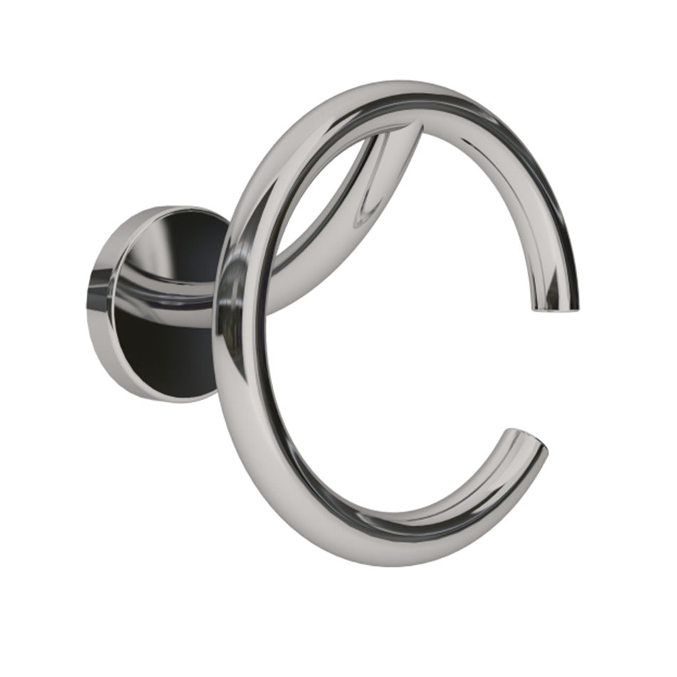 A silver wall hook with a circular design mounted on a white background.