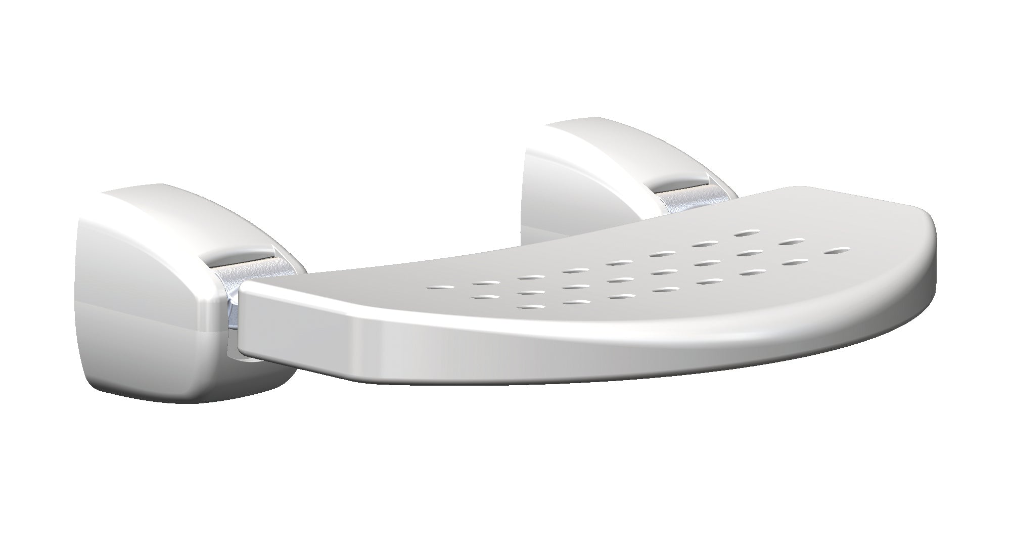 A wall-mounted seat lift-up device with a white, ergonomic seat attached to a wall via solid die-cast aluminium supports.