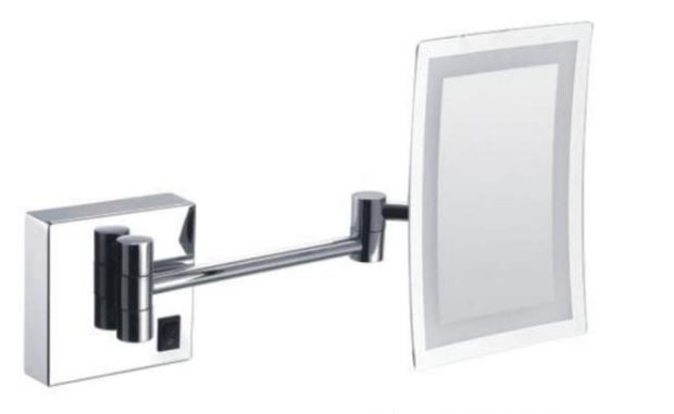 A wall mounted cosmetic mirror with lights, showing a square mirror mounted on a chrome fixture against a white background.