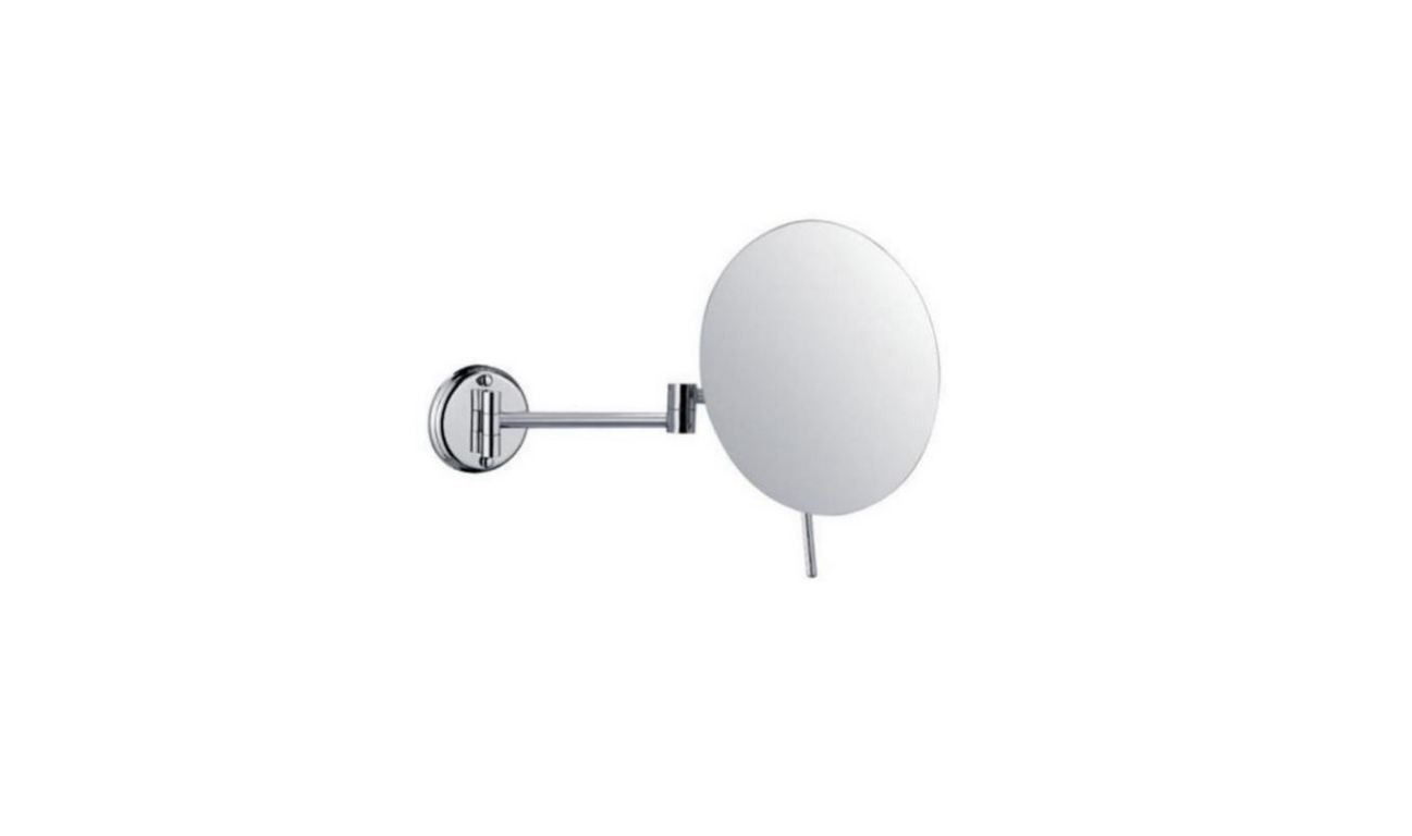 A wall mounted cosmetic mirror with a magnifying feature, likely made of metal with a silver finish, but the image quality is too low to determine materials with certainty.